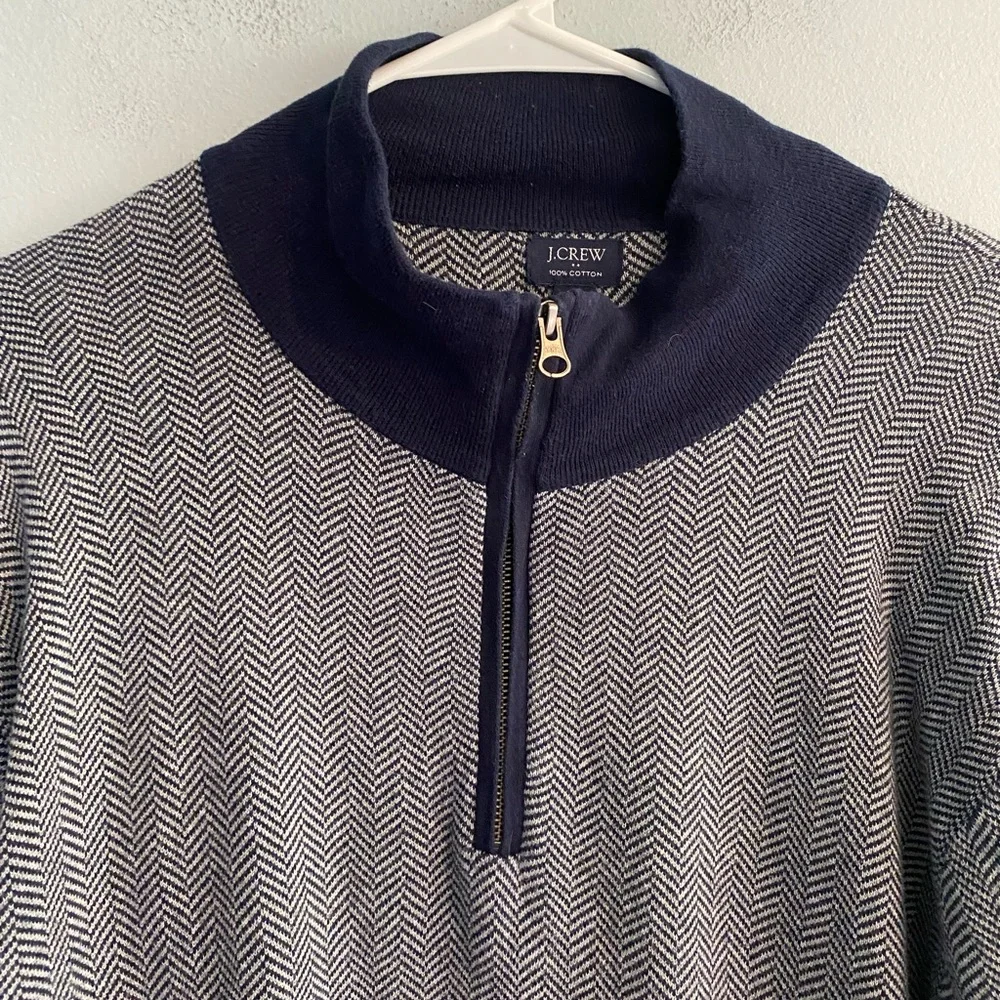 J. Crew Cotton Blue and Grey Half-Zip Sweater in Herringbone